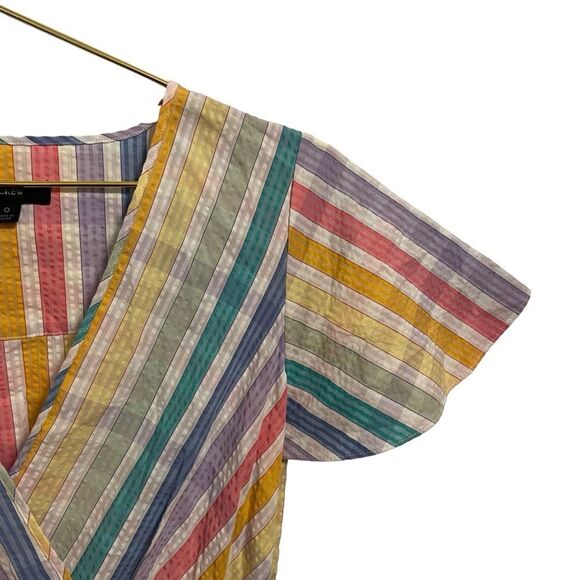 J. Crew Faux-Wrap Dress in Rainbow Gingham Midi Tiered Cotton Size 0 - Picture 3 of 10